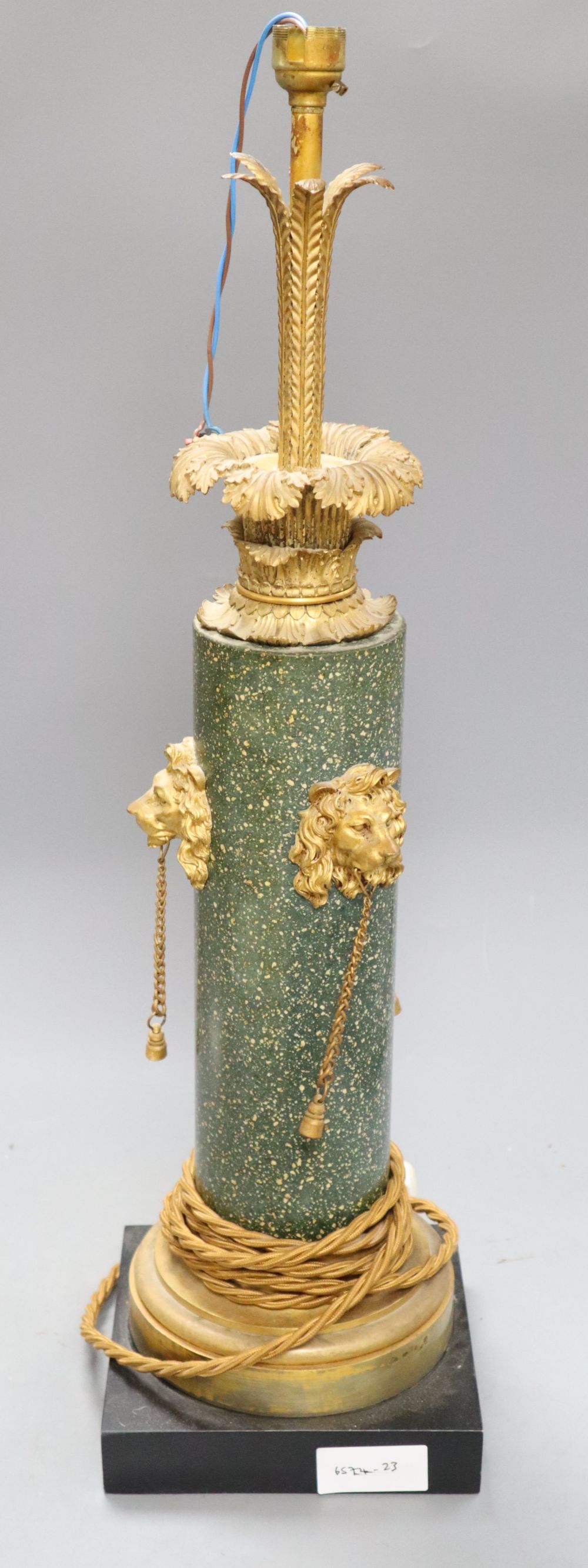 A Hobbs ormolu and marble table lamp, overall length 64cm